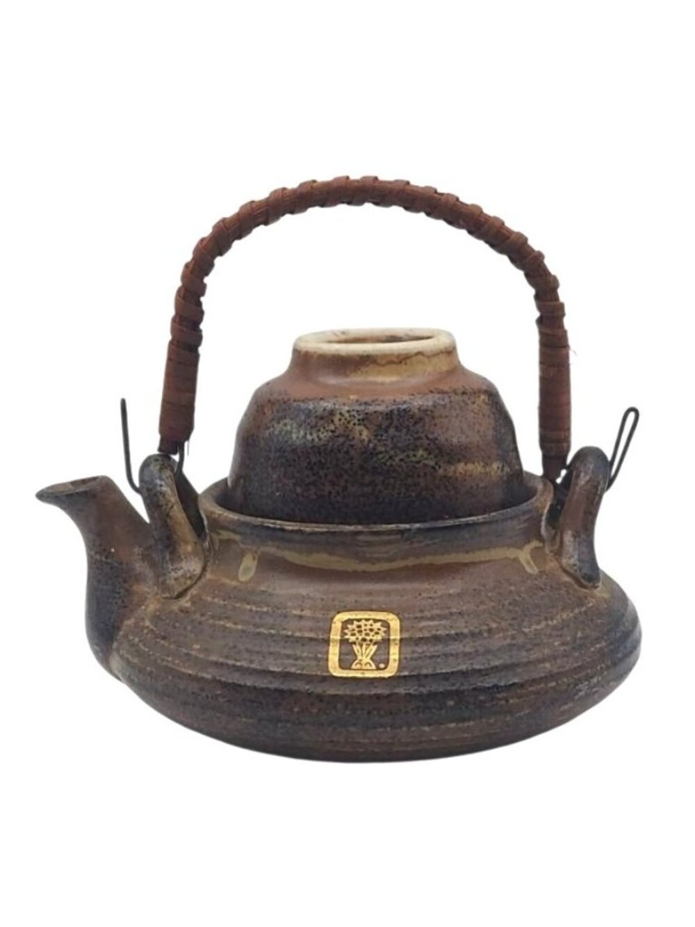 Stoneware Teapot & Cup Set Single Serving Rattan Handle Japan Rustic Traditional